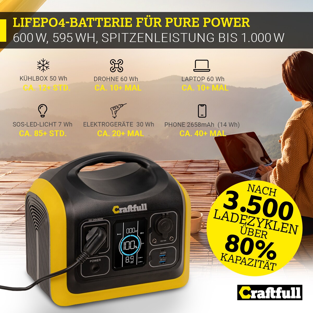 Craftfull Powerstation Adventure CP-600, 595 Wh, 600 Watt, tragbar, Lithium-Akku, Steckdose, USB (Schwarz/Gelb)