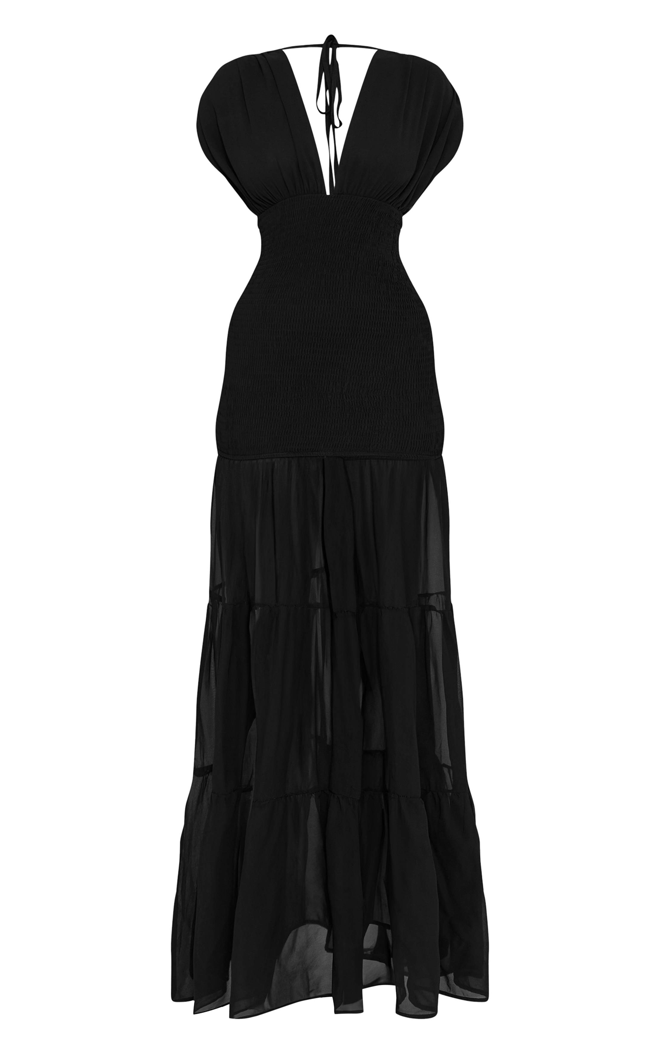 Noir Robe Maxi À Volants Froncés En Mousseline
