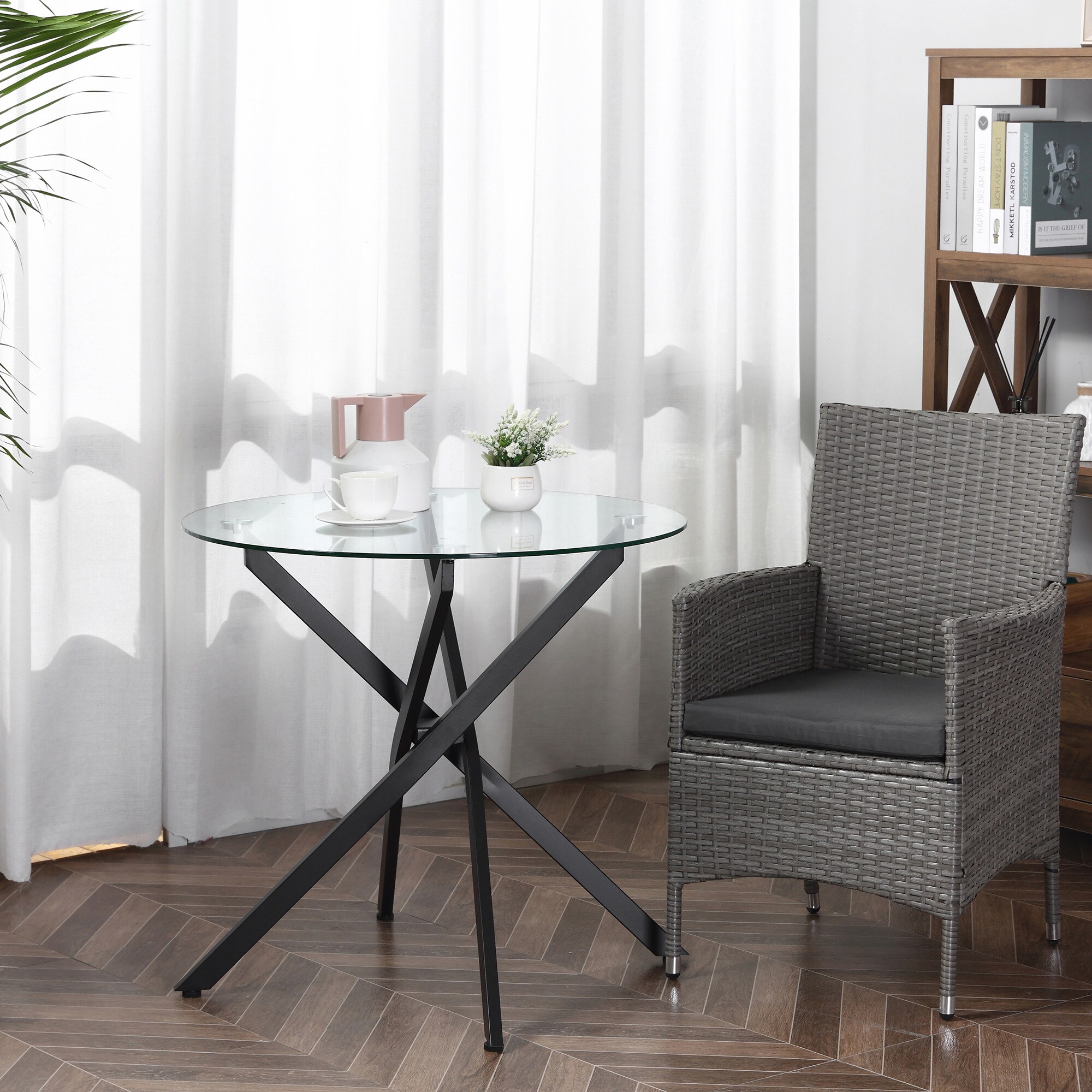 HOMCOM Beistelltisch mit Glasplatte schwarz 80L x 80B x 75H cm