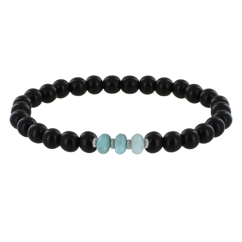 Duo Bracelets Homme et Femme Perles d'Ebènes et Trois Anneaux de Larimar