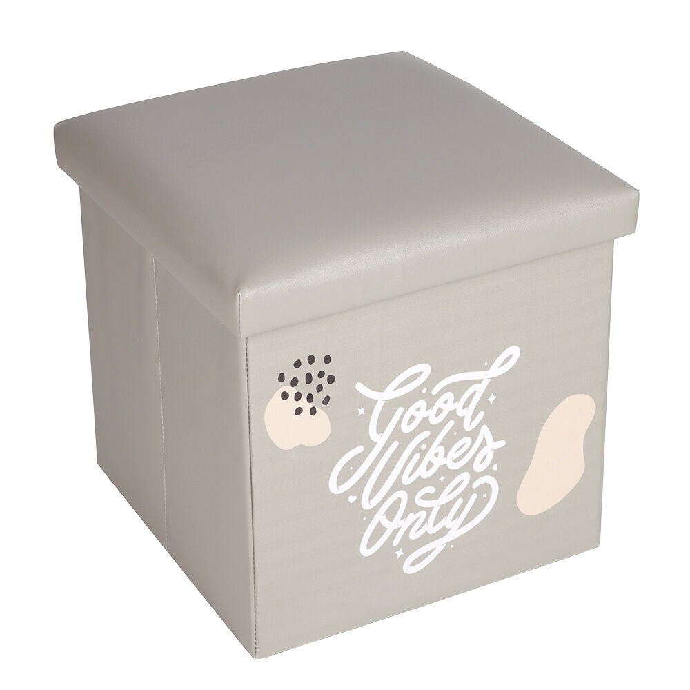 Pouf coffre Good Vibes Only marron et blanc 38x38x38cm