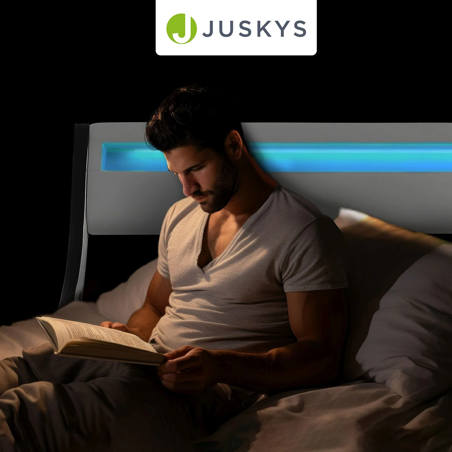 Juskys Polsterbett Bett Valencia 140 x 200 cm weiß mit Kaltschaummatratze Einzelbett mit LED