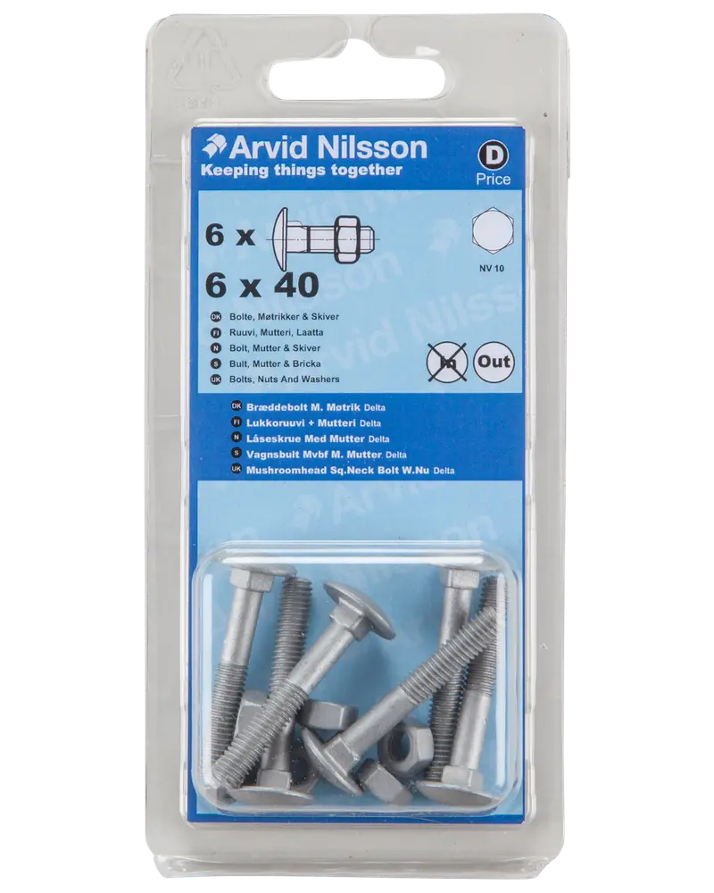 Arvid Nilsson Bræddebolt + møtrik M6 x 40 mm 6-pak