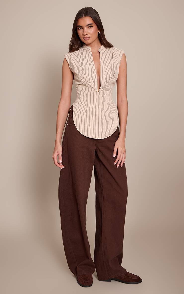 Crème Chemise Sans Manches Ajustée À Rayures Avec Épaulettes