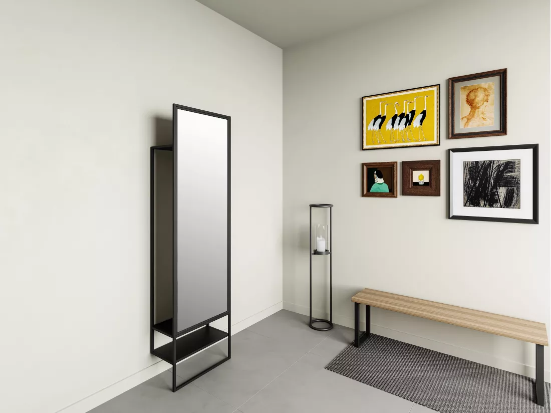 Vestiaire en métal avec penderie, miroir et 1 étagère - Noir - ISALY