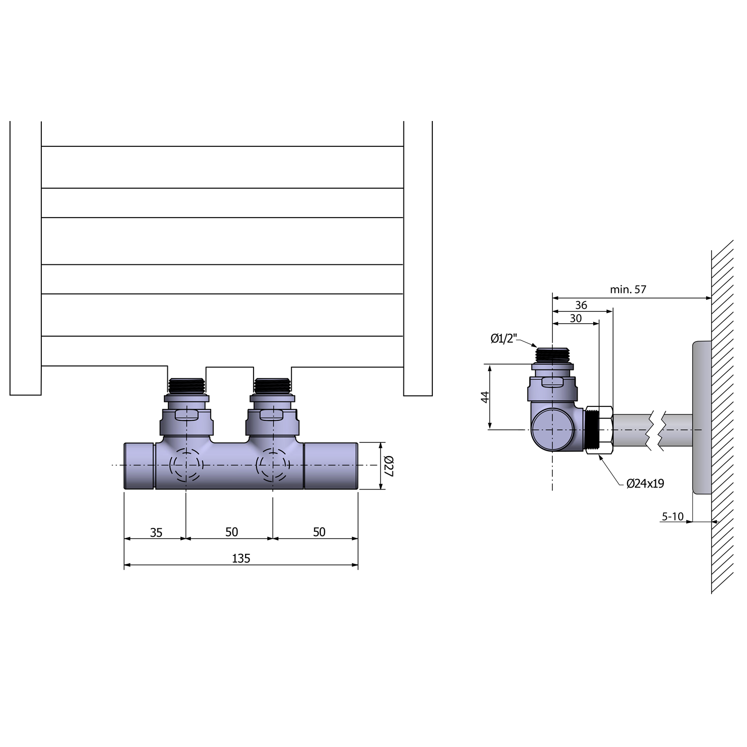 Sapho Twin radiator onderblok m/o aansluiting chroom