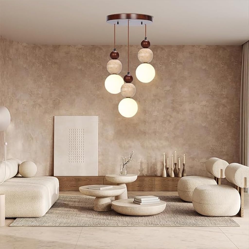 Wabi Sabi 3-Licht Pendelleuchte Travertin Stein Einbau Japandi Japanischer Nordischer Stil Sphärische Holz Kronleuchter Für Kücheninseln Esszimmer Wohnzimmer(B)