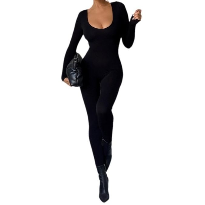Jeshili - Off-Shoulder Lange Mouwen Effen Jumpsuit