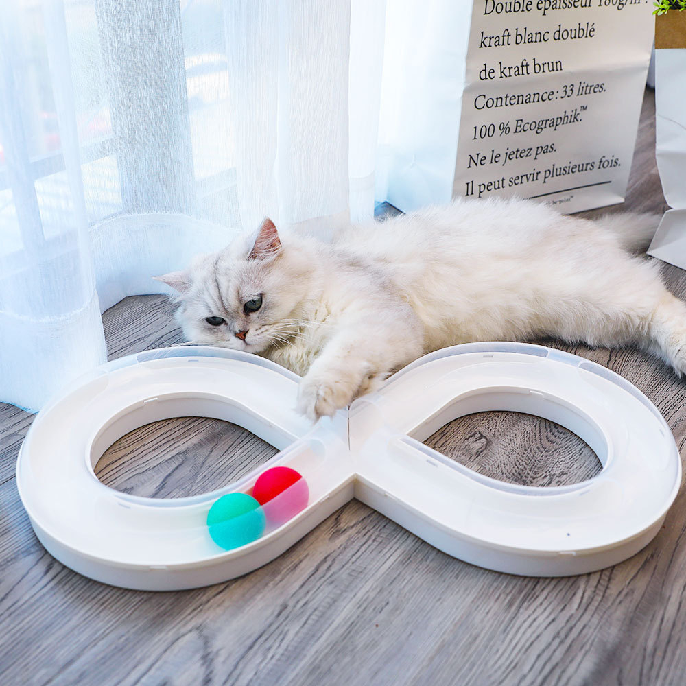 (51x25cm) Interaktives Katzen Spielzeug Kugelbahn Spiel Schiene mit Bällen - Weiss