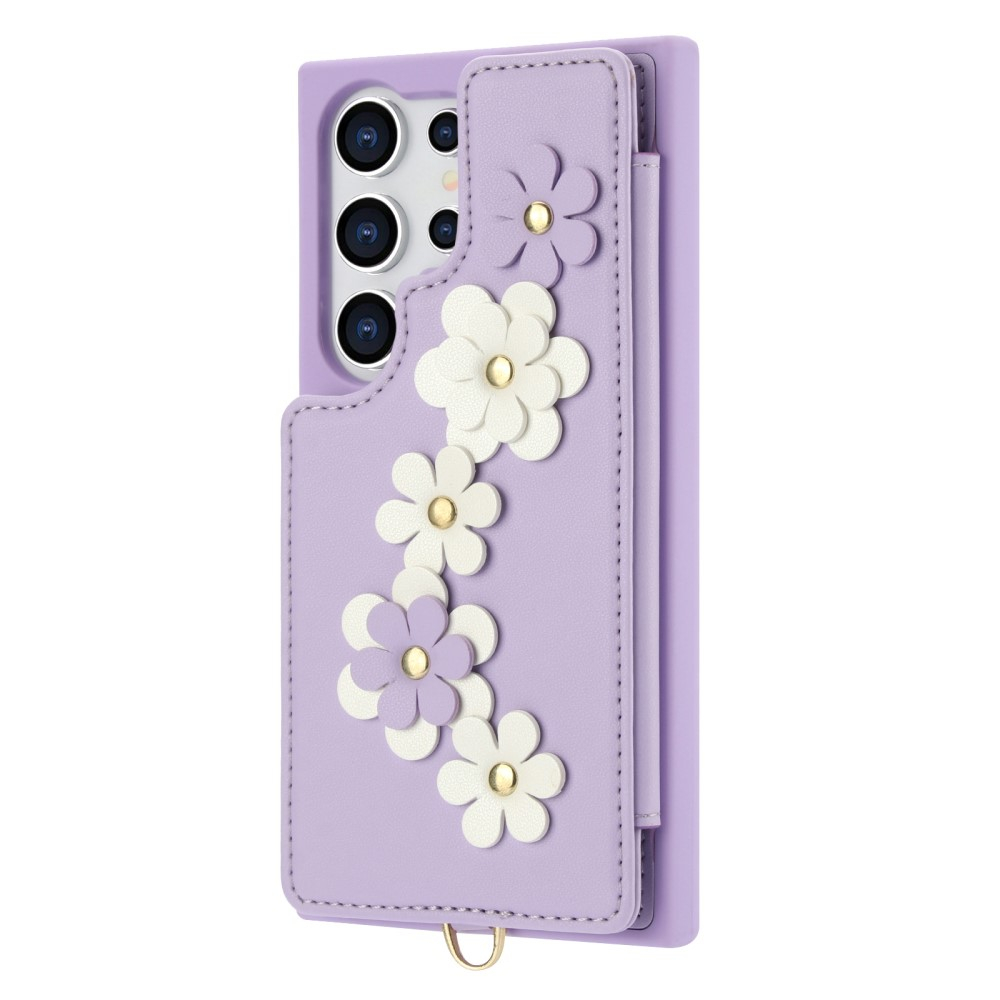 Samsung Galaxy S25 Ultra Necklace Leder Schutz Hülle mit Kartenfächer Blumen   Handykette (140cm) - Lila