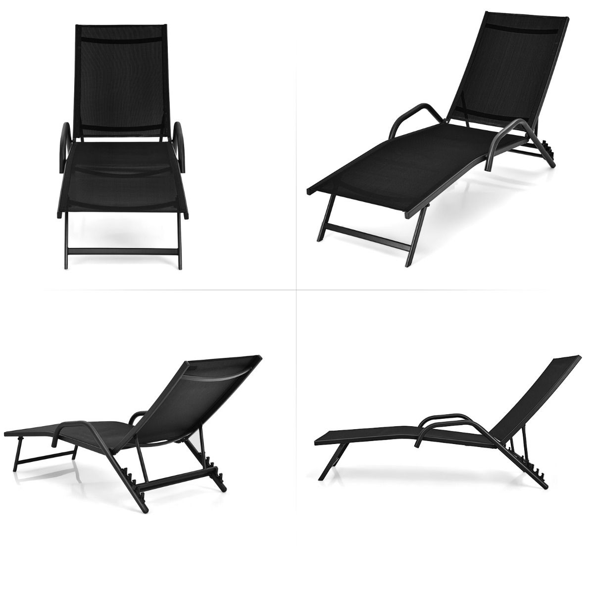 Lot de 2 Bains de Soleil Inclinables d'Extérieur avec Accoudoirs et Dossier Réglable à 5 Positions Charge 160 kg Noir - Lidl-Manfred