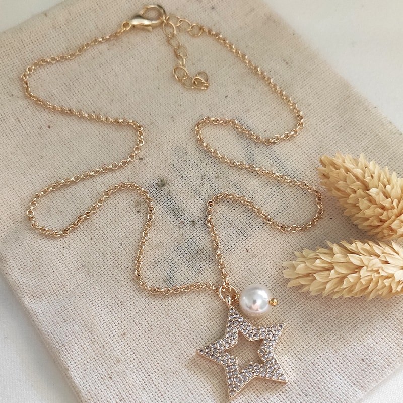 Collier pendentif étoile & perle - Laiton doré, plaqué or & pierres de zircon