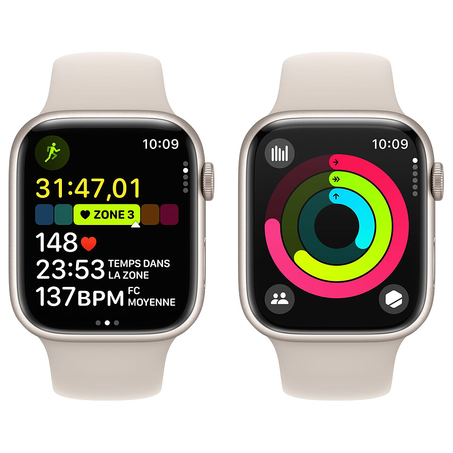 Apple Watch Series 9 GPS - Lumière Stellaire - Bracelet Sport - 45 mm - Taille M/L