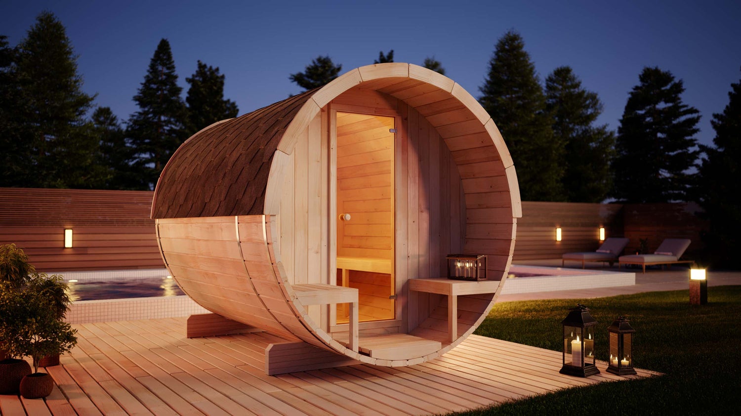 FinnTherm Carrie barrelsauna met 2 houten banken, wanddikte 42 mm, buitensauna met montagemateriaal, natuurlijke afwerking