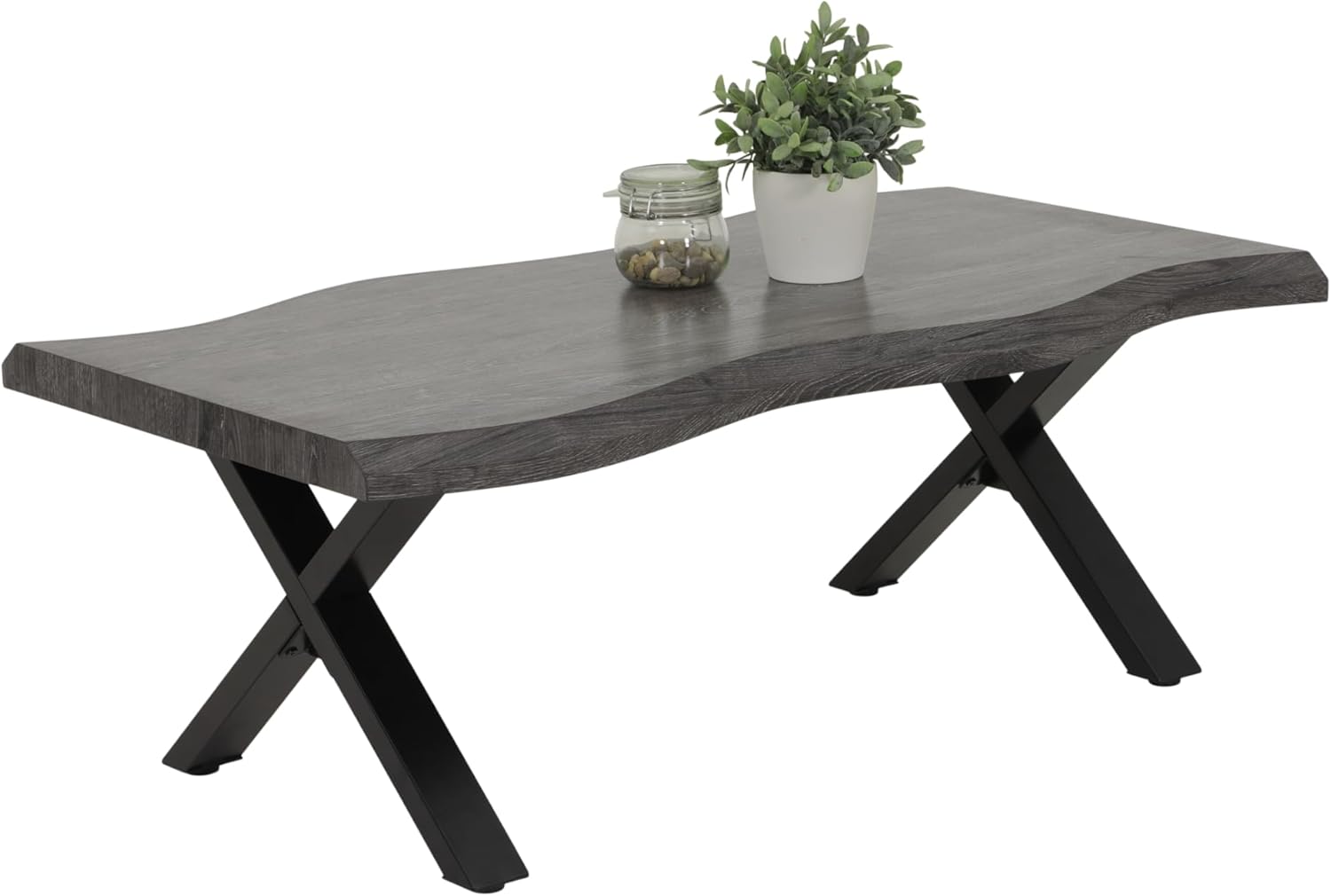 Hela Tische, Baumkantentisch, Couchtisch Gerd, X-Gestell Metall Schwarz, Wabenplatte melaminbeschichtet, Dekor Akazie Grau, 110x60cm