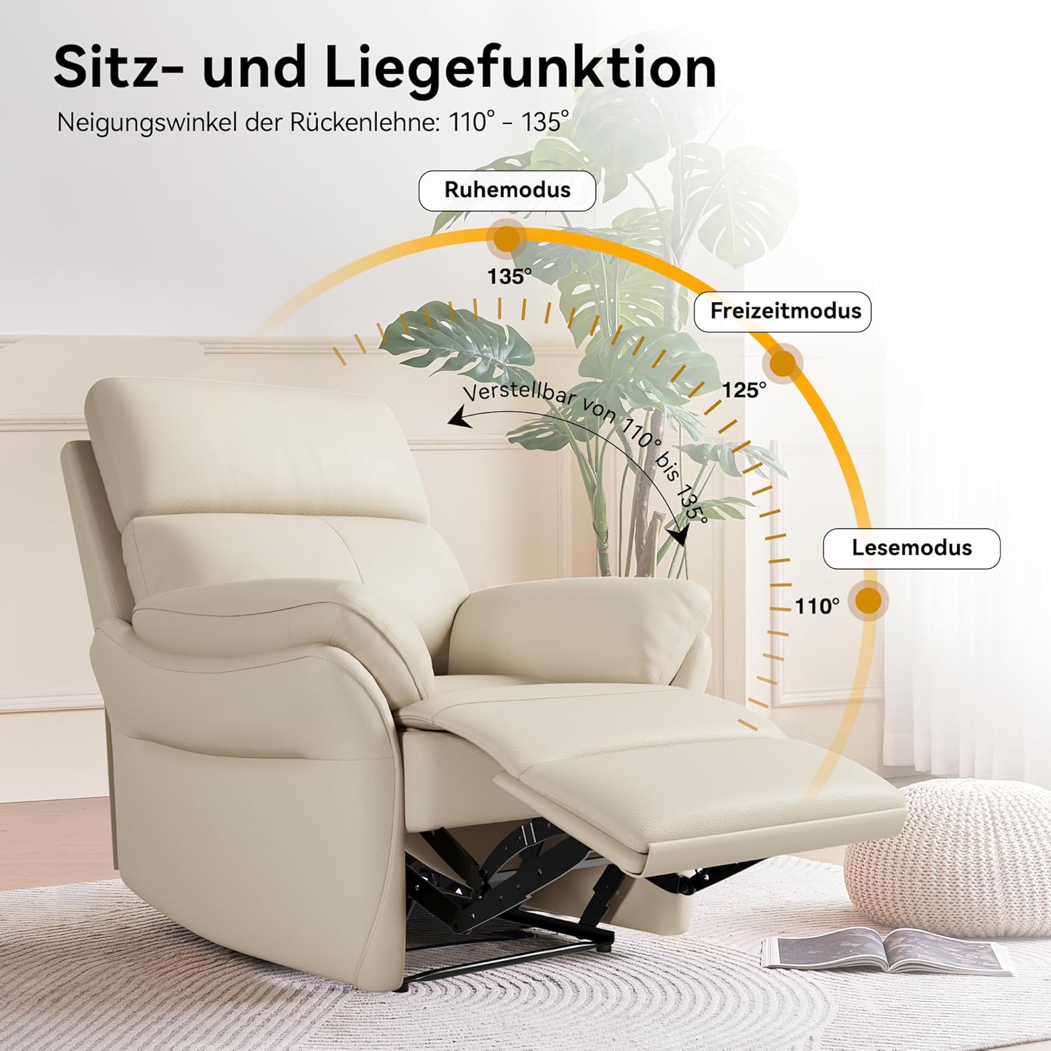 AIRSKY Relaxsessel Echtleder Fernsehsessel mit Liegefunktion Kinosessel Nickerchen Seniorensessel TV Sessel mit Schlaffunktion Manuell Verstellbar Liegesessel für Wohnzimmer Schlafzimmer,Beige