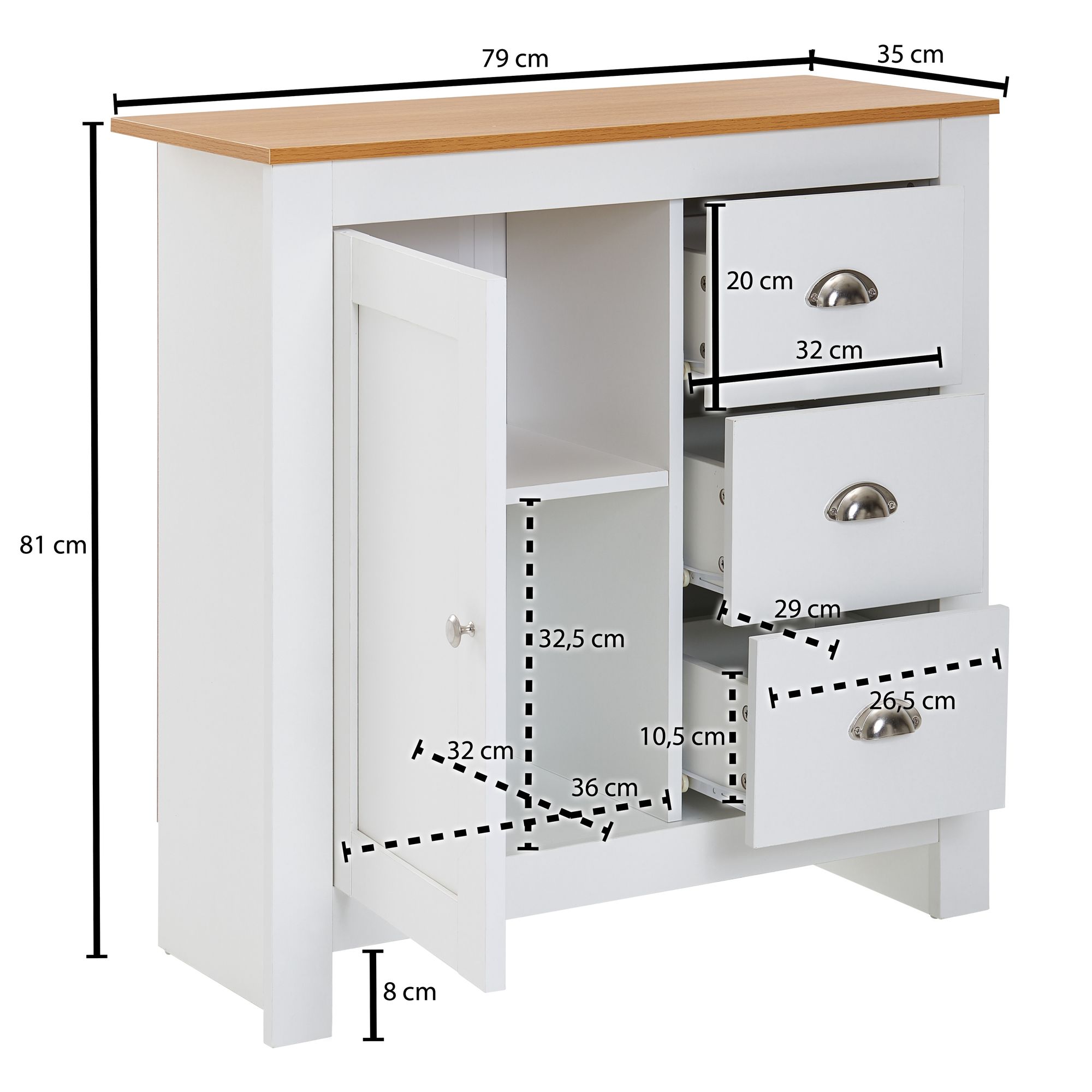Sideboard FineBuy Kommode Weiß / Eiche 79x81x35 cm Anrichte Schubladenkommode