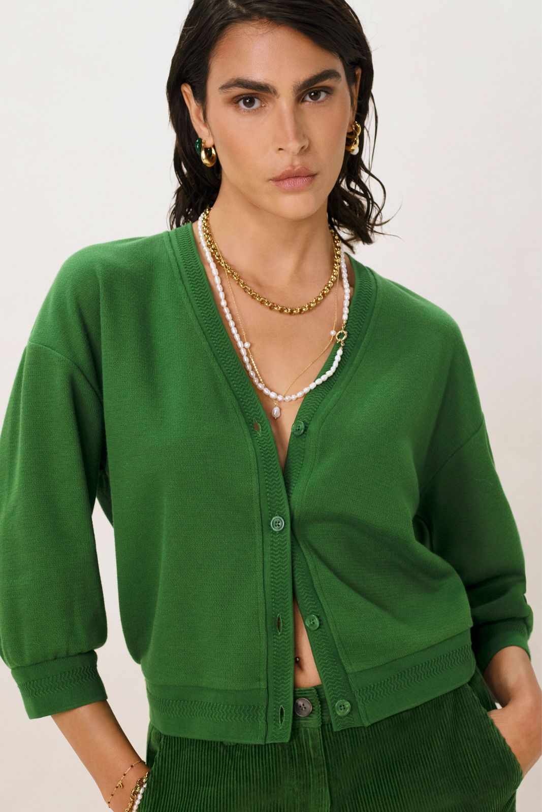 Donkergroen jersey vest met knopen