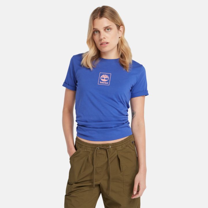 Camiseta feminina Stack Logo na cor azul.