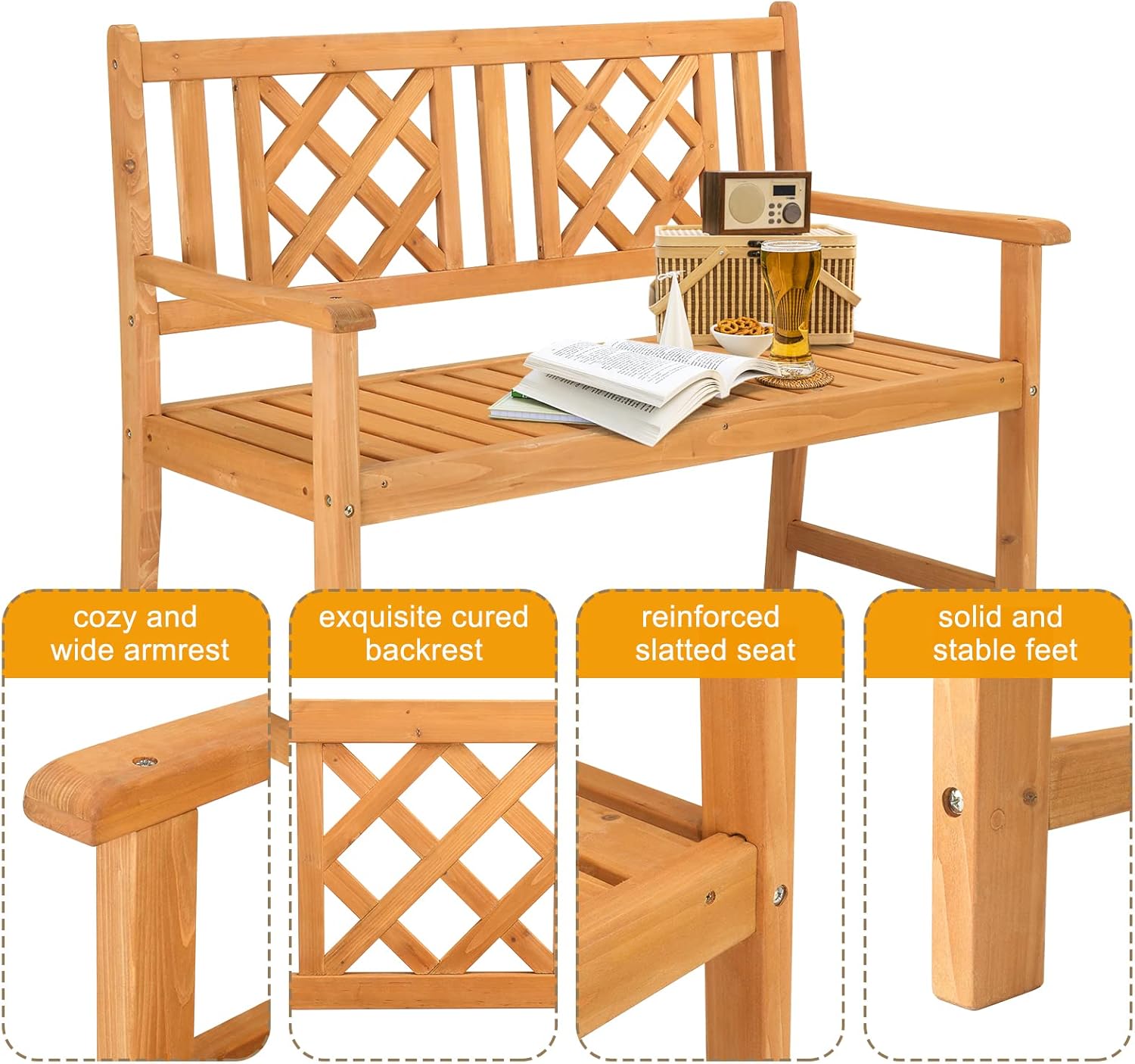 LEADZM Gartenbank,Holzbank,Holz Wetterfest,2-Sitzer,118 cm,Ergonomisch gestaltete Rückenlehne und Armlehnen,Bequem Balkonbank,275 kg Belastbar,für Balkon,Terrasse,Garten,Outdoor