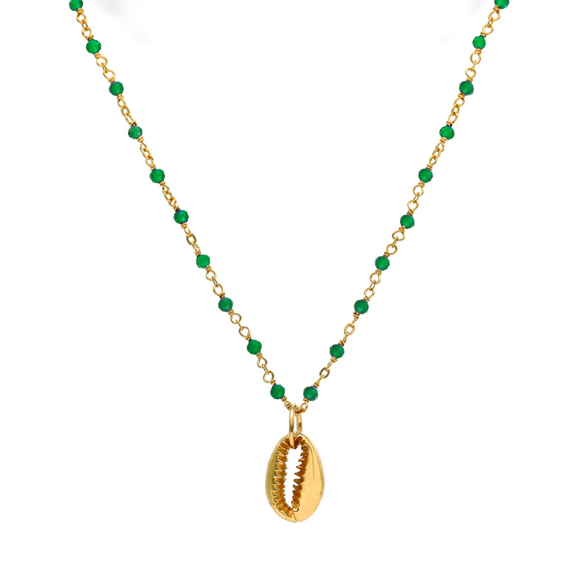 Collier Chaine En Argent Doré Avec Pierres Naturelles Onyx Vert Et Coquillage