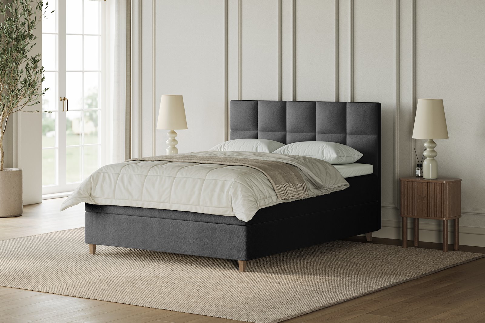 XOV Venus Kontinentalseng 180x200 cm i tekstil Terranova 09 grå, medium/medium med Premium 15 overmadrass og sort firkantede ben, gavl selges separate
