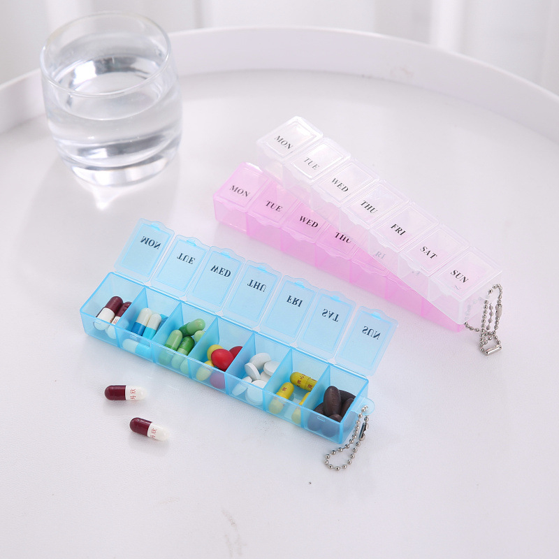 (150x30mm) Medikamenten Dosierer 7 Tage Dosett Tablettenbox Supplements Pillendose   Kugelkette - Blau