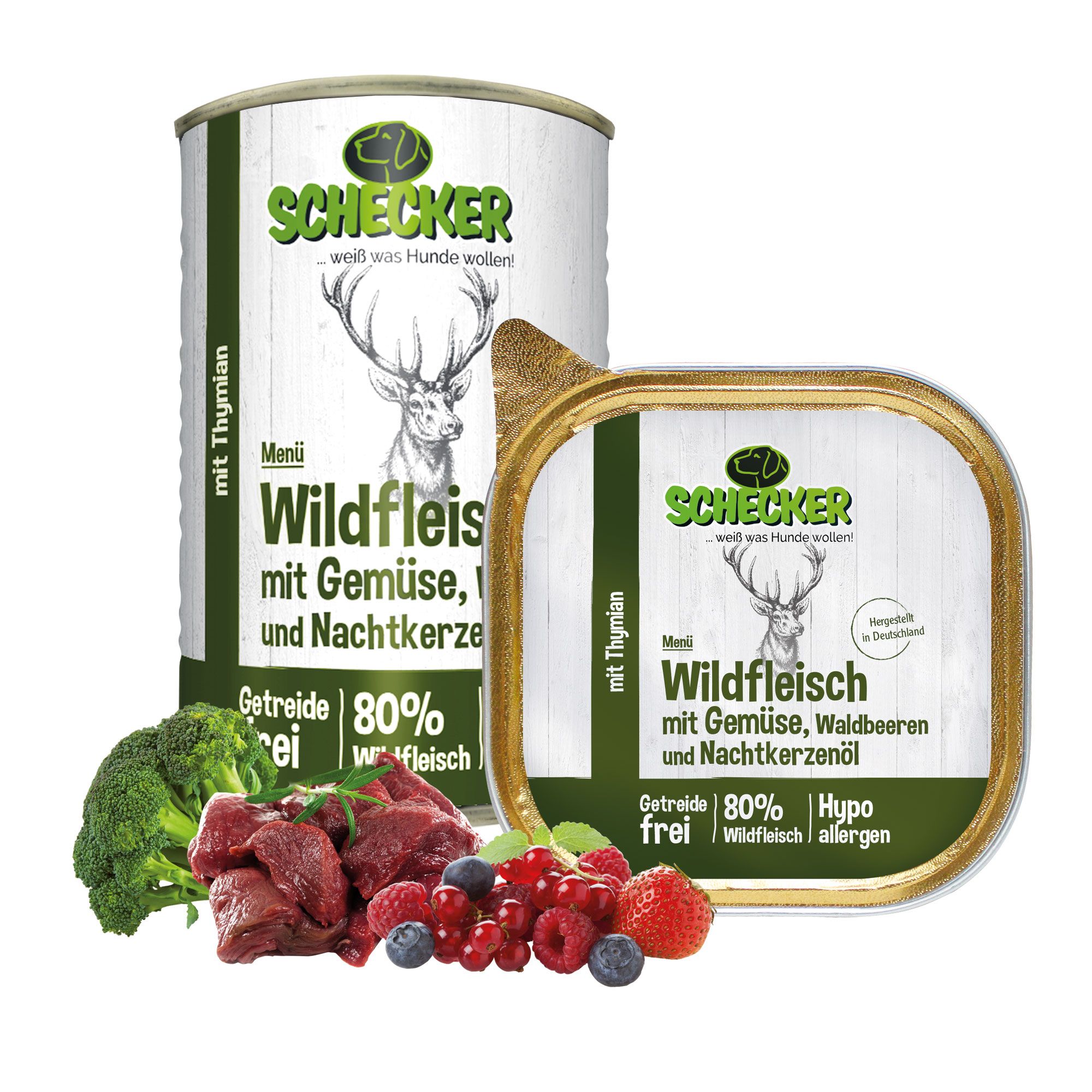 Schecker Nassfutter - Hundemenü Wildlfleisch mit Gemüse und Waldbeeren