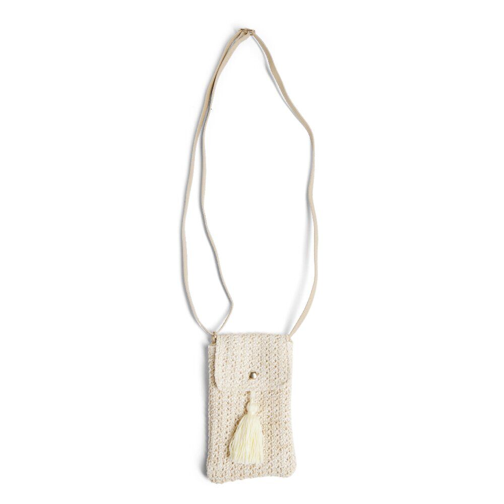 Pochette téléphone beige paille papier avec pompon