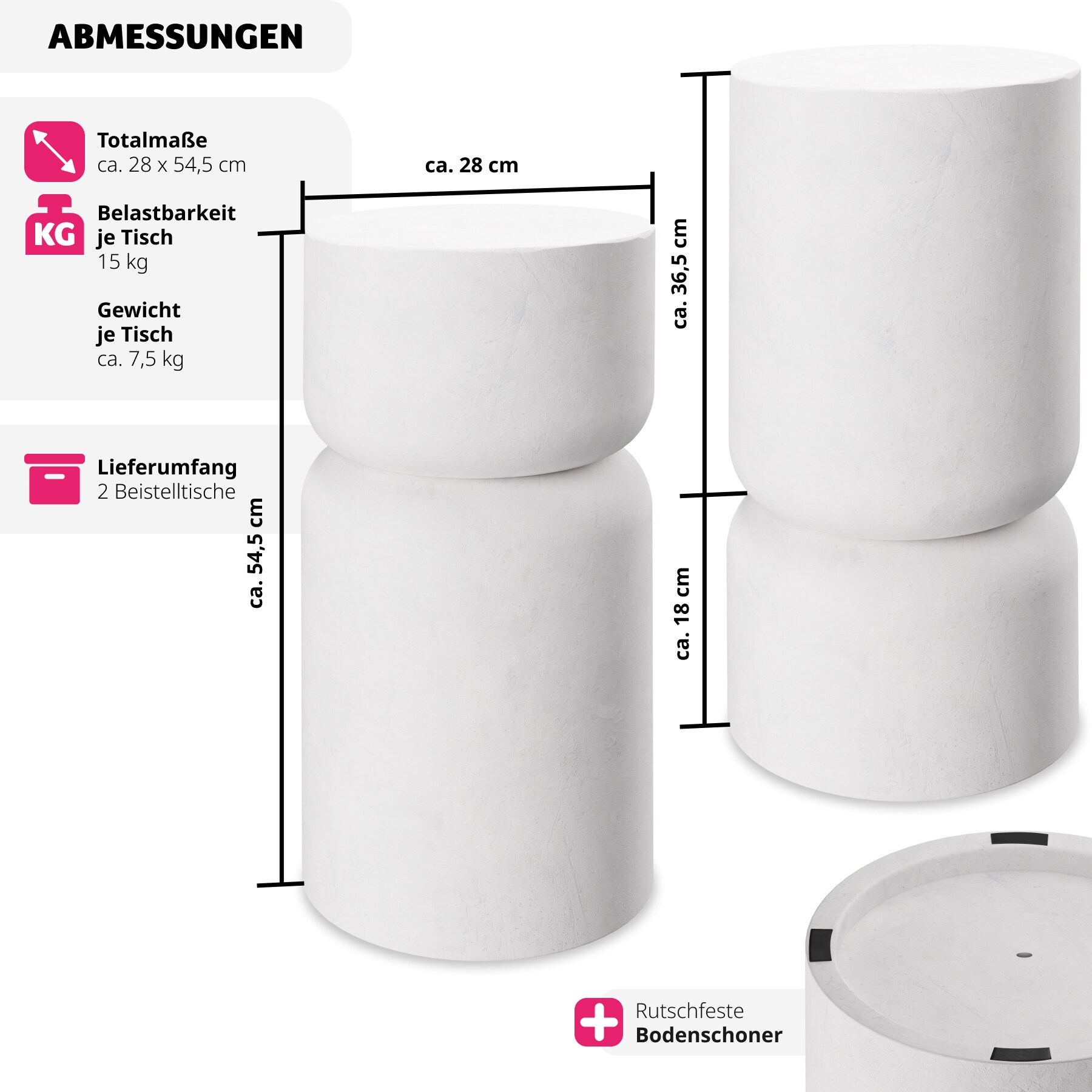 tectake® 2er Set Beistelltisch , Chubby-Design, wetterfest, 28 x 54,5 cm