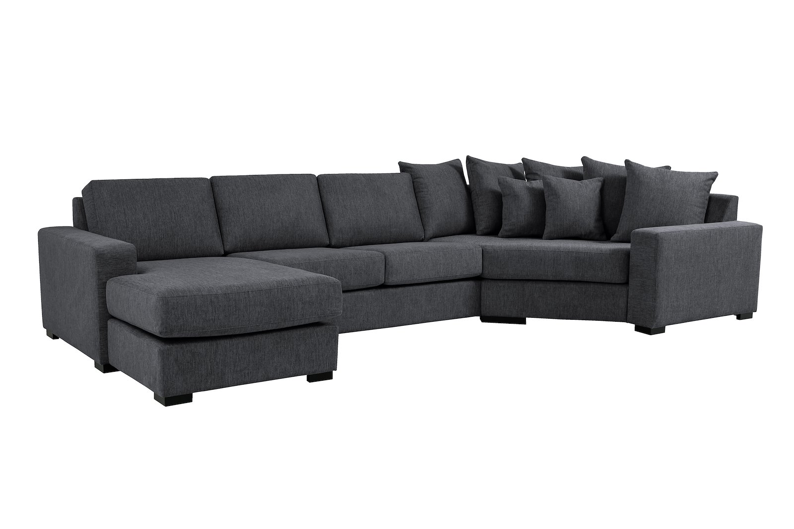 Modern Living U-sofa Sjeselong venstre med 2-seter og cosy corner høyre.Tekstil Brego 7 Antrazite med Arm A og ben 2 sortbeiset eik.