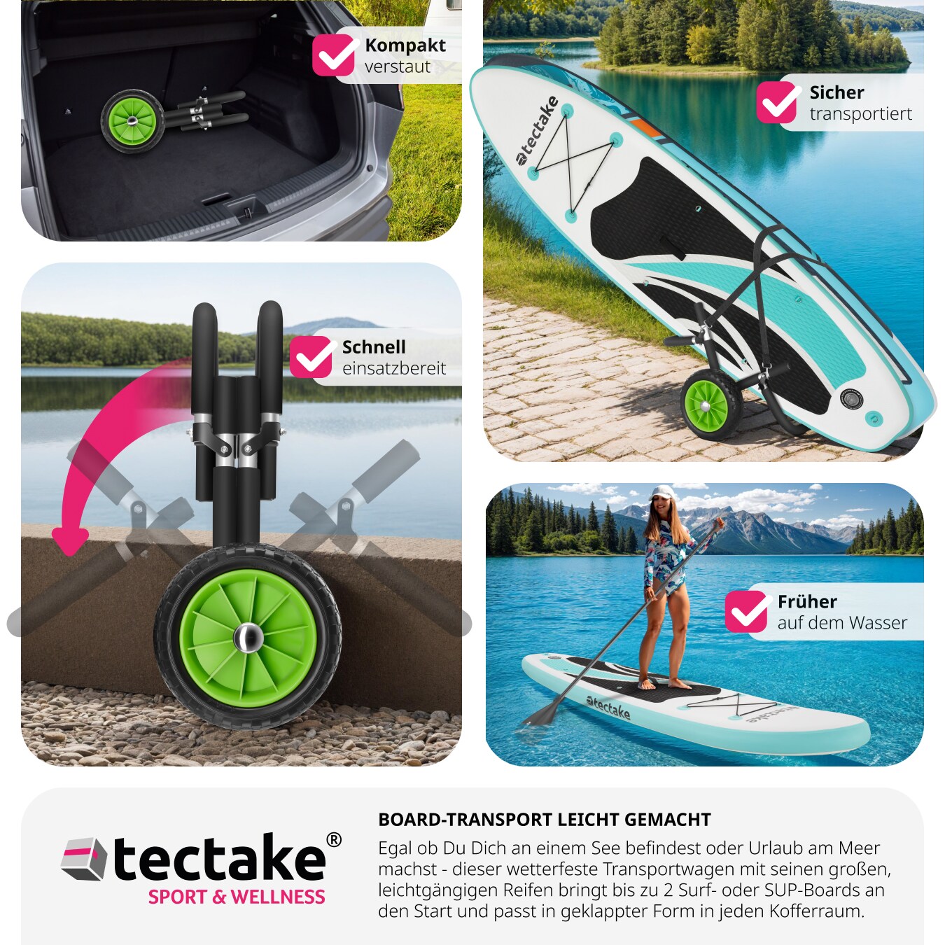 tectake® Surfboard Transportwagen, klappbar, für bis zu 2 Boards, Schaumstoffpolsterung, inkl. 2 Sicherungsgurte, 62 x 53 x 49 cm