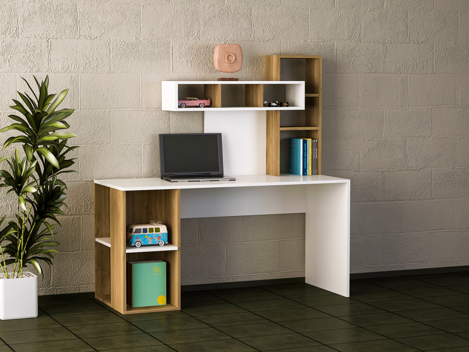 Schreibtisch - weiß-Walnuss - mit Regal - 140 cm breit