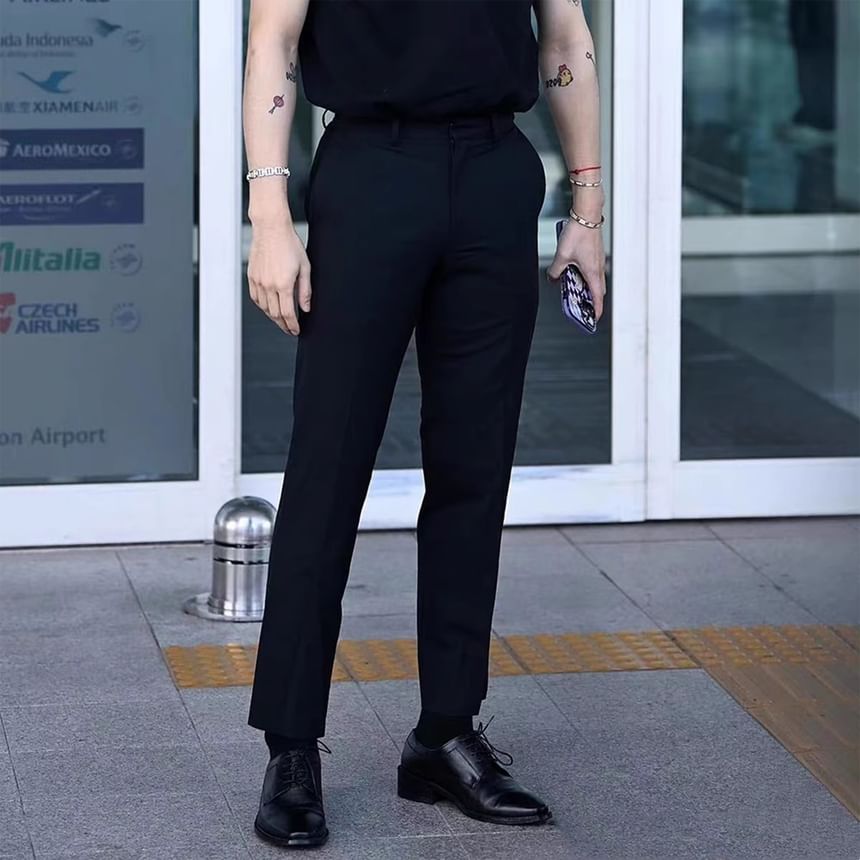 DragonRoad - Mid Rise Plain Cropped Slim Fit Dress Pants