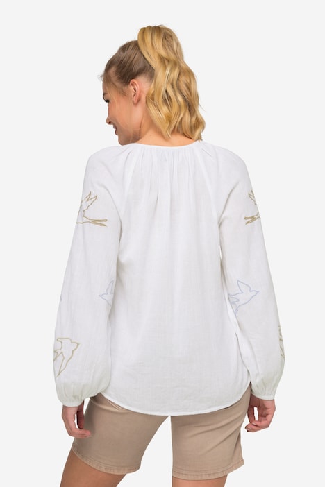 Bluse, Vogel-Stickerei, Tunika-Ausschnitt, Raglan-Langarm