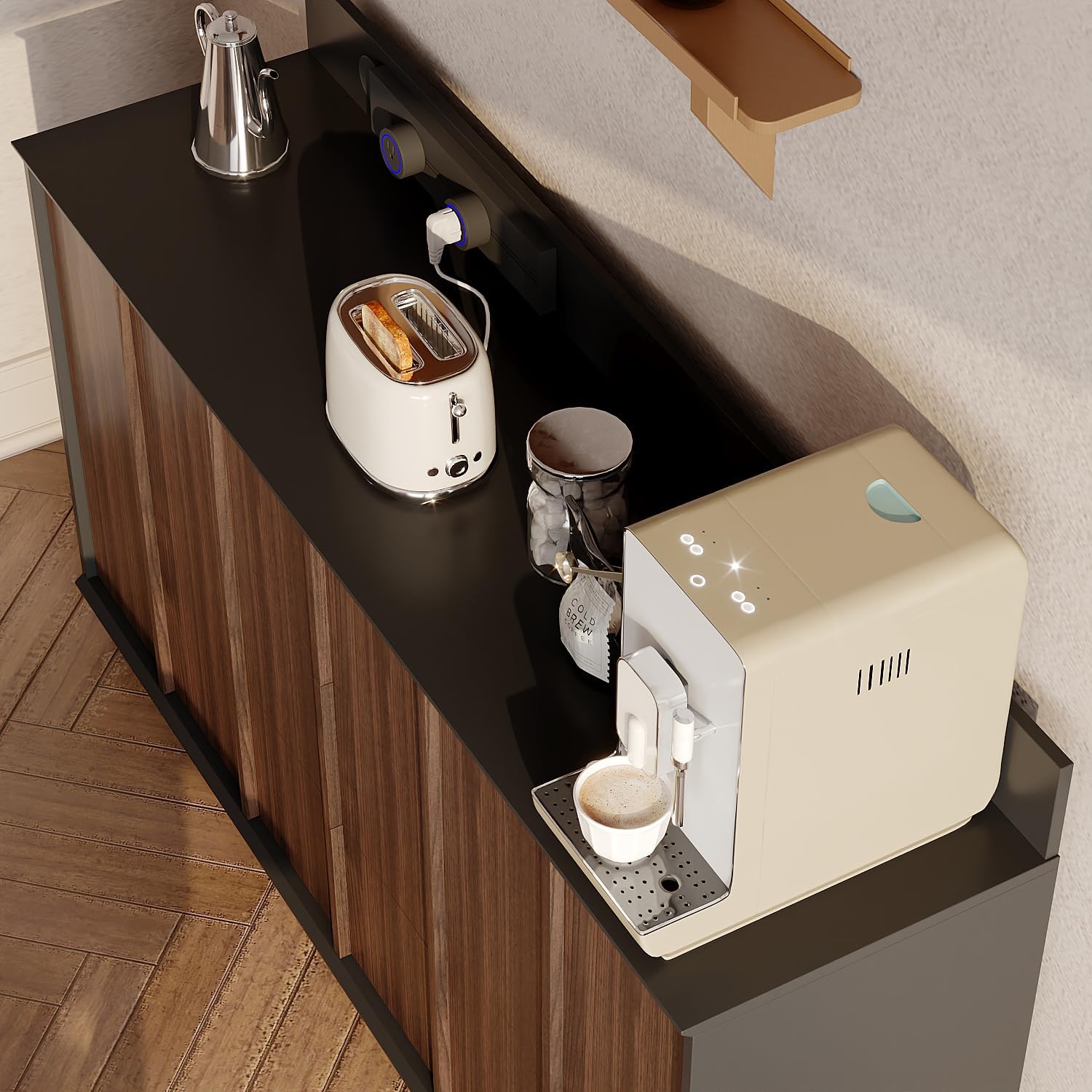 Sideboard mit Hochglanz-Schwarz & Holzoptik, 150 cm Aufbewahrungsschrank mit 3 Schubladen, 2 Türen, integrierter Steckdose & Kabelbox, Kommode aus Spanplatte/MDF, 92 cm hoch