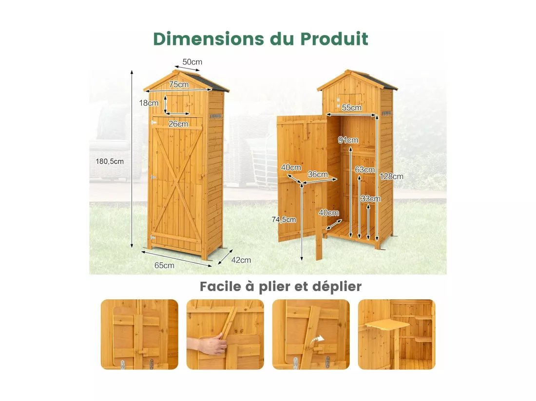 Abri de Jardin Extérieur à 4 Étagères et Table Pliable, Cabane de Rangement Verrouillable en Bois avec Toit Asphalte et 8 Crochets pour Outils, pour Maison, Cour, 75x50x180,5CM