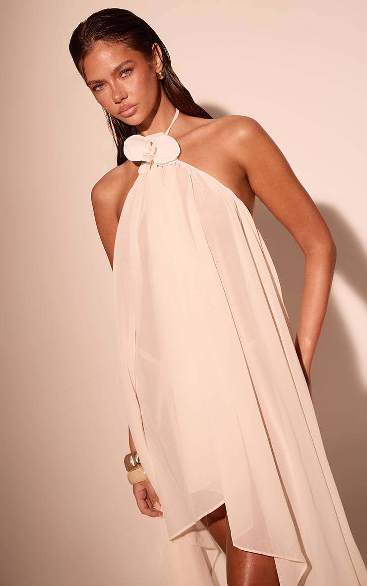 Crème Robe De Plage En Mousseline À Garniture Florale