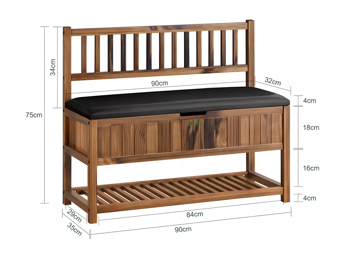 SoBuy Banc de Rangement à Chaussure, Meuble d'entrée, Bout de Lit, Banquette avec Dossier et Coussin Rembourré, en Bois de Pin, 90x35x75 cm, FSR150-N