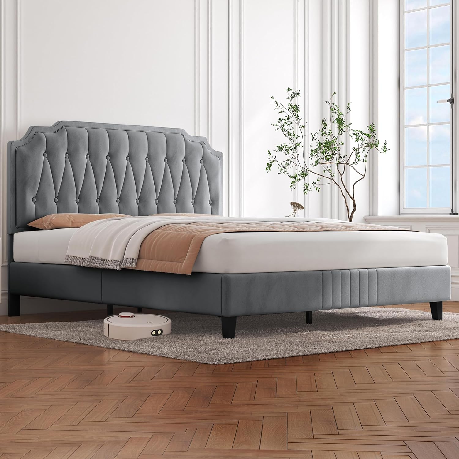 Yaheetech Polsterbett Doppelbett 140 × 200 cm Stoffbett Bettgestell Gepolstertes Bett mit höhenverstellbarem Kopfteil Bettrahmen mit Lattenrost, Hellgrau FJ5750828