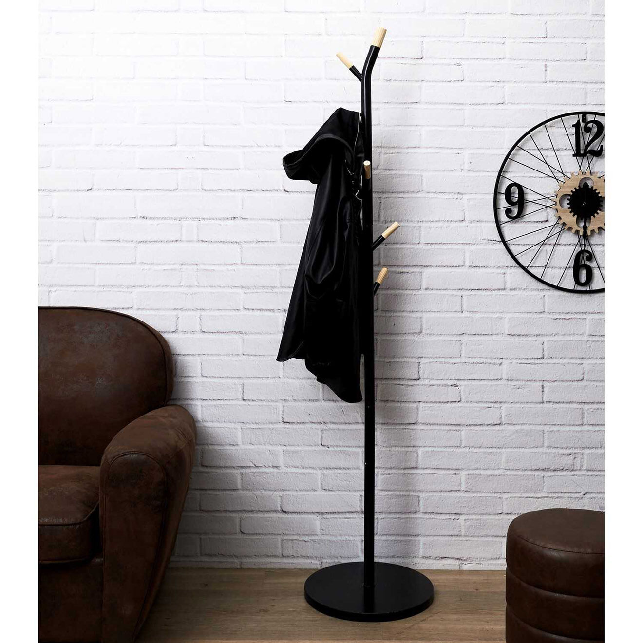 Home Deco Factory Porte manteau métal et bois noir - 40x175x40 cm