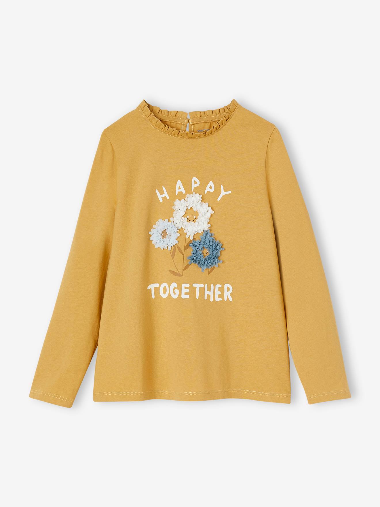 Camiseta com estampa de fantasia e detalhes de babados, certificação Oeko-Tex®, para meninas, cor amarelo curry.