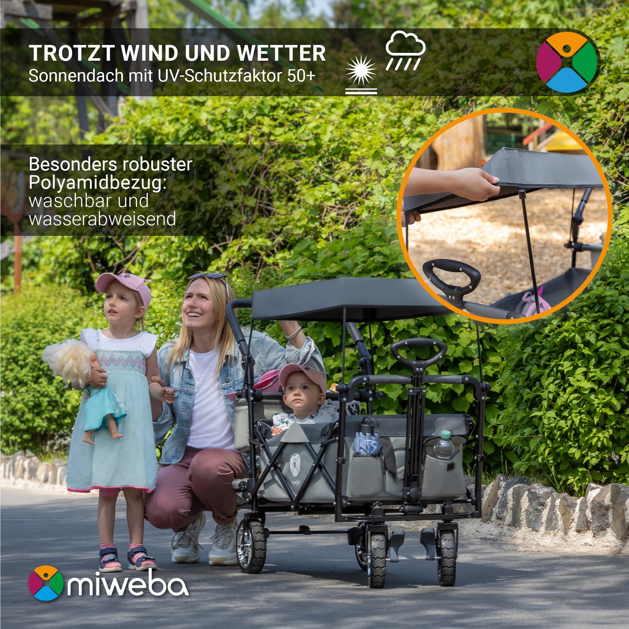 Miweba Bollerwagen MB-20 faltbar, Sonnendach, Schiebe- und Zugstange, Stauraumverlängerung, 360°-Räder (Hellgrau/Dunkelgrau)