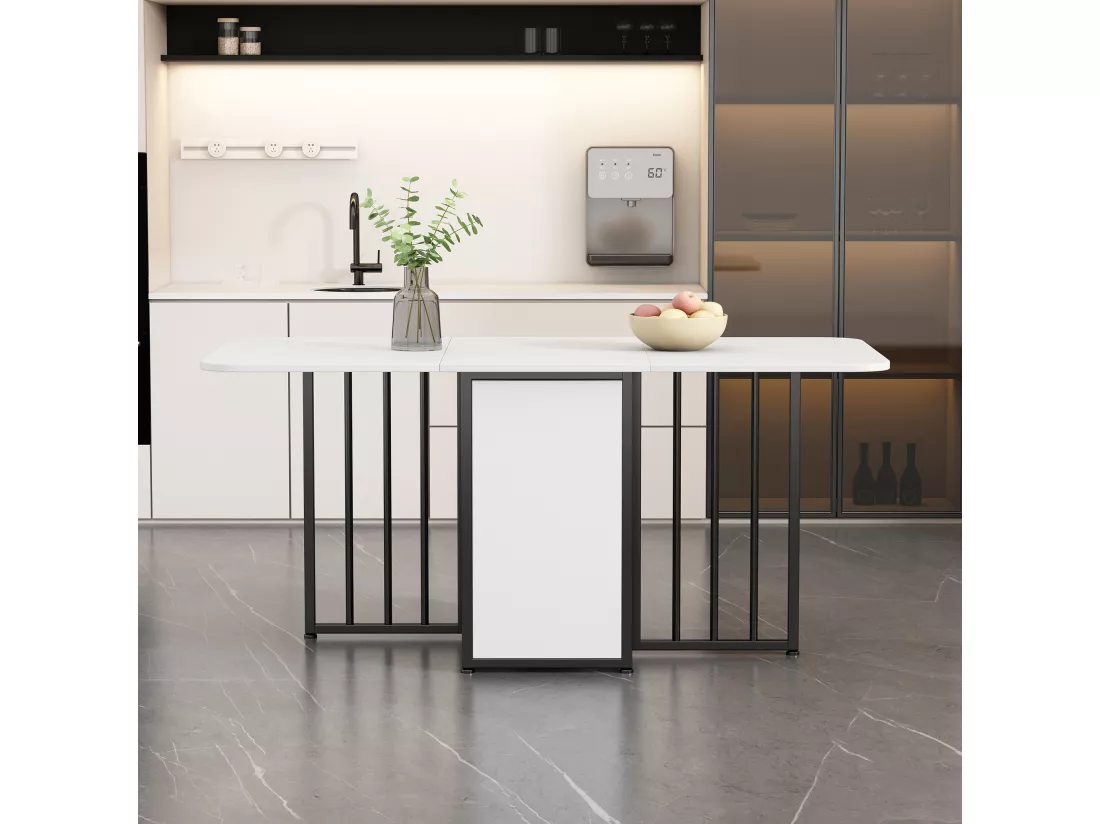 Table à manger extensible 2 à 6 couverts avec étagères de rangement - Panneau de particules et métal - blanc + noir