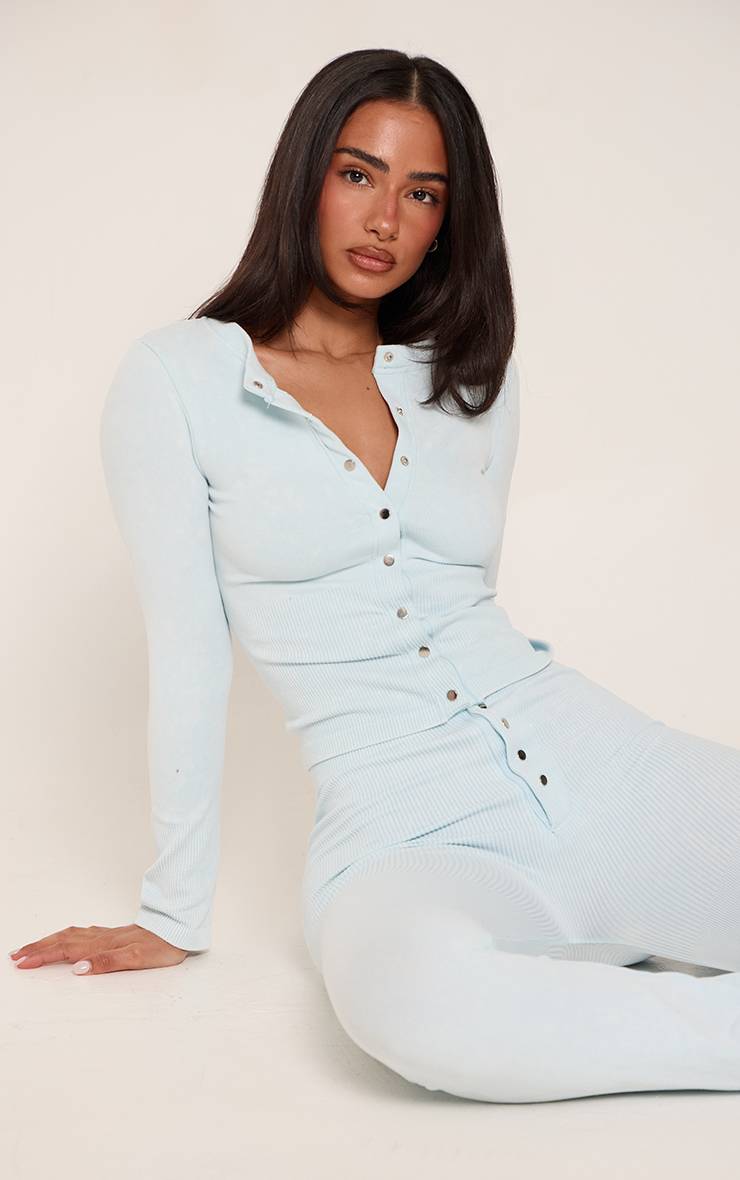 Bleu Clair Legging Évasé Côtelé Contour Avec Détails Boutons Petite - Ensemble Coordonné