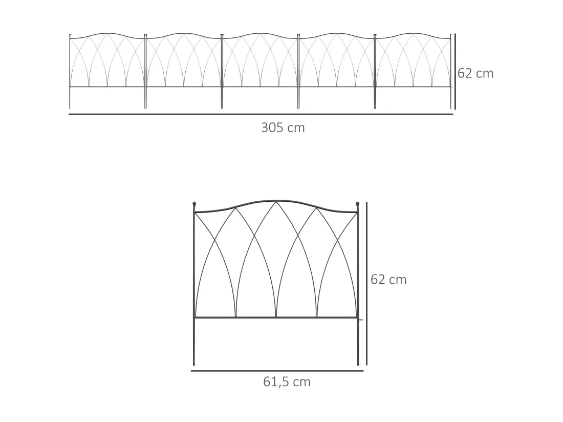 Lot de 5 clôtures de jardin décoratives en métal avec ornements - dim. totales 305L x 62H cm - noir