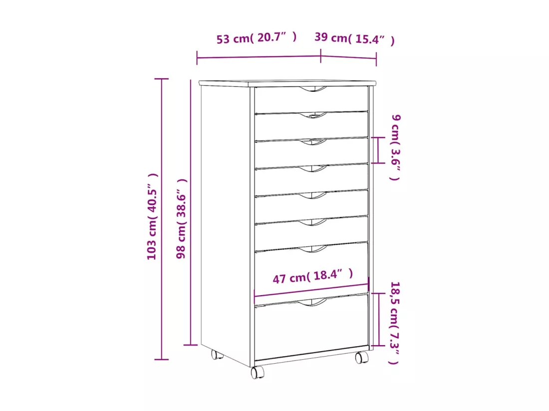 Armoire roulante avec tiroirs MOSS bois de pin marron miel