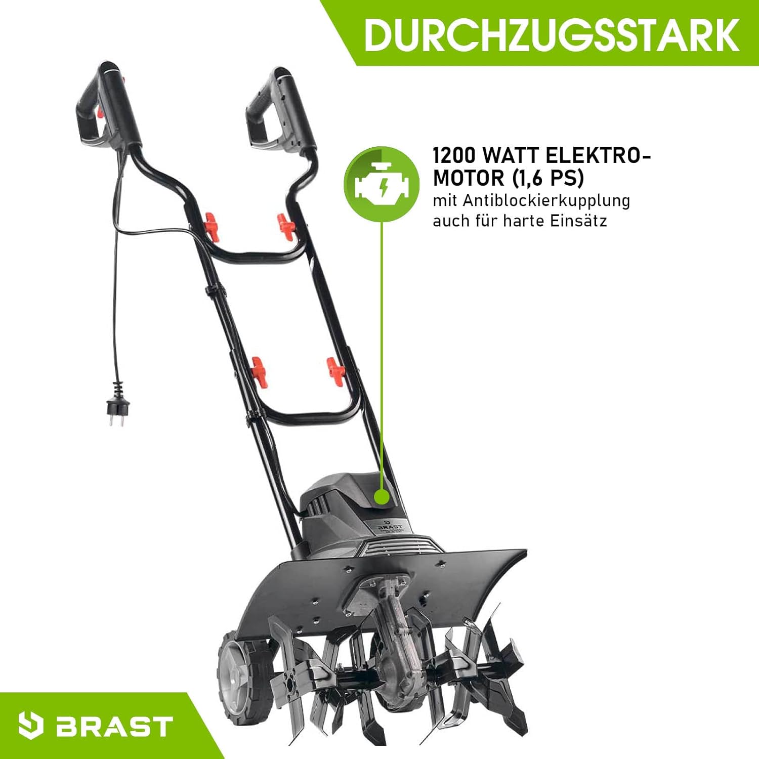 BRAST Motorhacke Gartenfräse Elektro | 1050-1800 Watt | 36-45cm Arbeitsbreite | 4 Modelle | Schutzblech Antiblockierkupplung & Sicherheitsschalter | für kleine bis große Grundstücke | BRE-AF 1200
