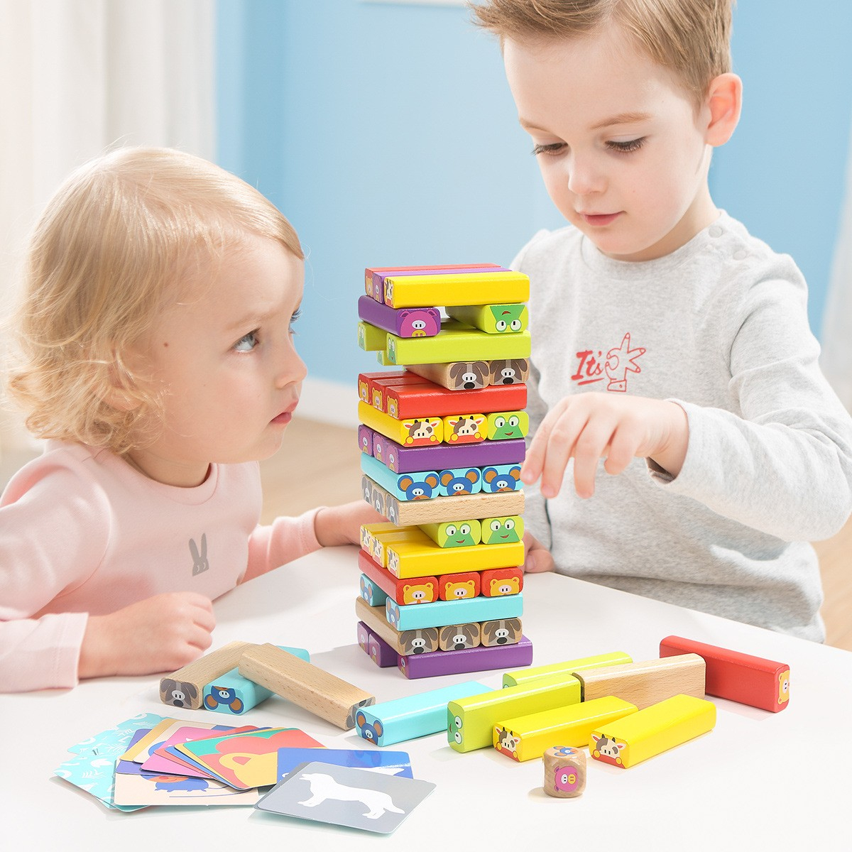 (76-tlg. Set) Balance Holz Wackelturm Spielzeug Geschicklichkeit Kinderspiel / Familienspiel - Tierbilder