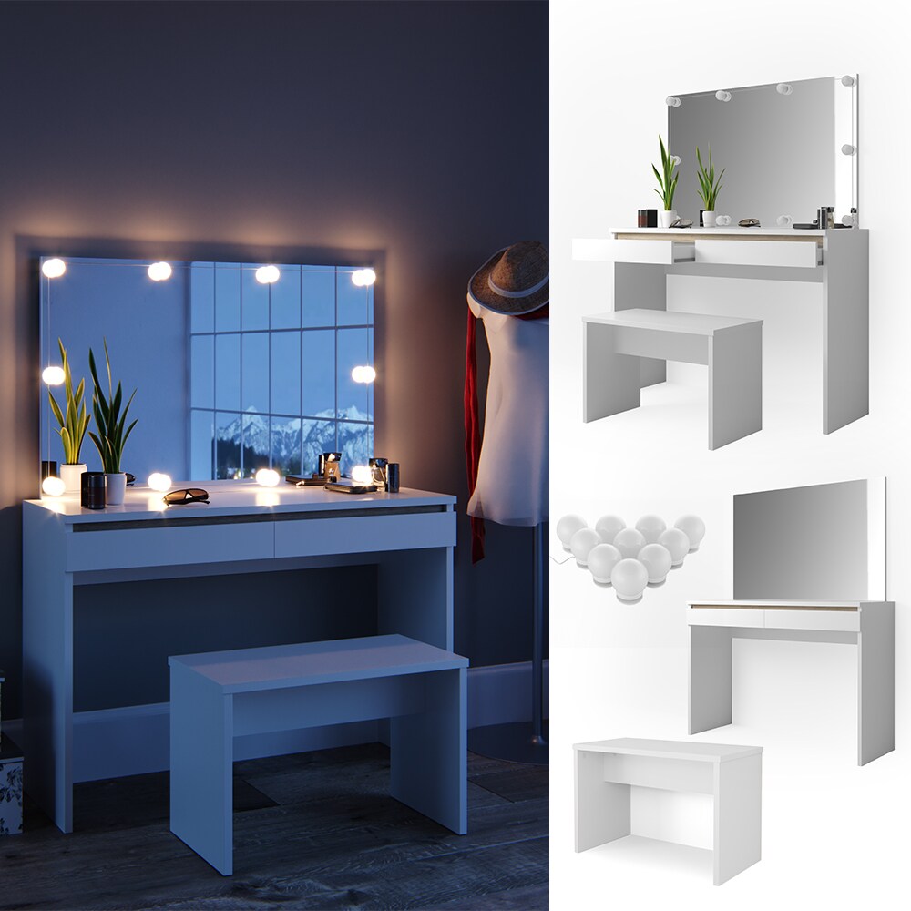 Vicco Schminktisch Emma Frisiertisch Frisierkommode Kommode Weiß Sonoma inklusive Bank, Spiegel und LED-Lichterkette